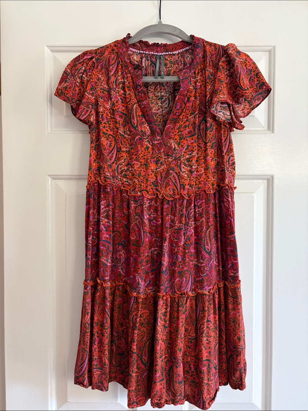 Anthropologie Red Paisley Tiered Mini Dress
